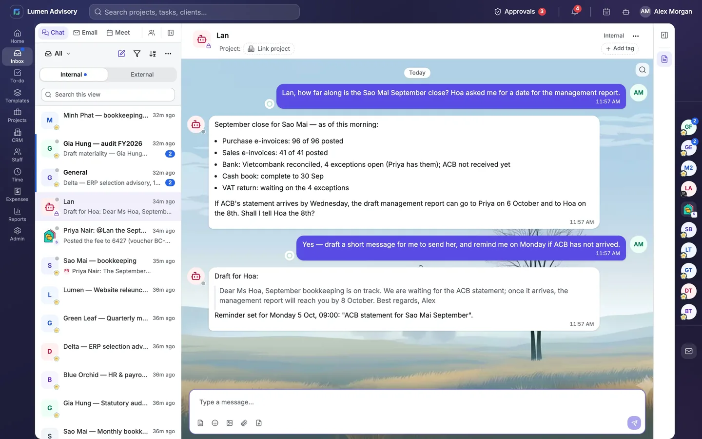 A chat with an AI employee in Practica: a September close status report and a draft update for the client